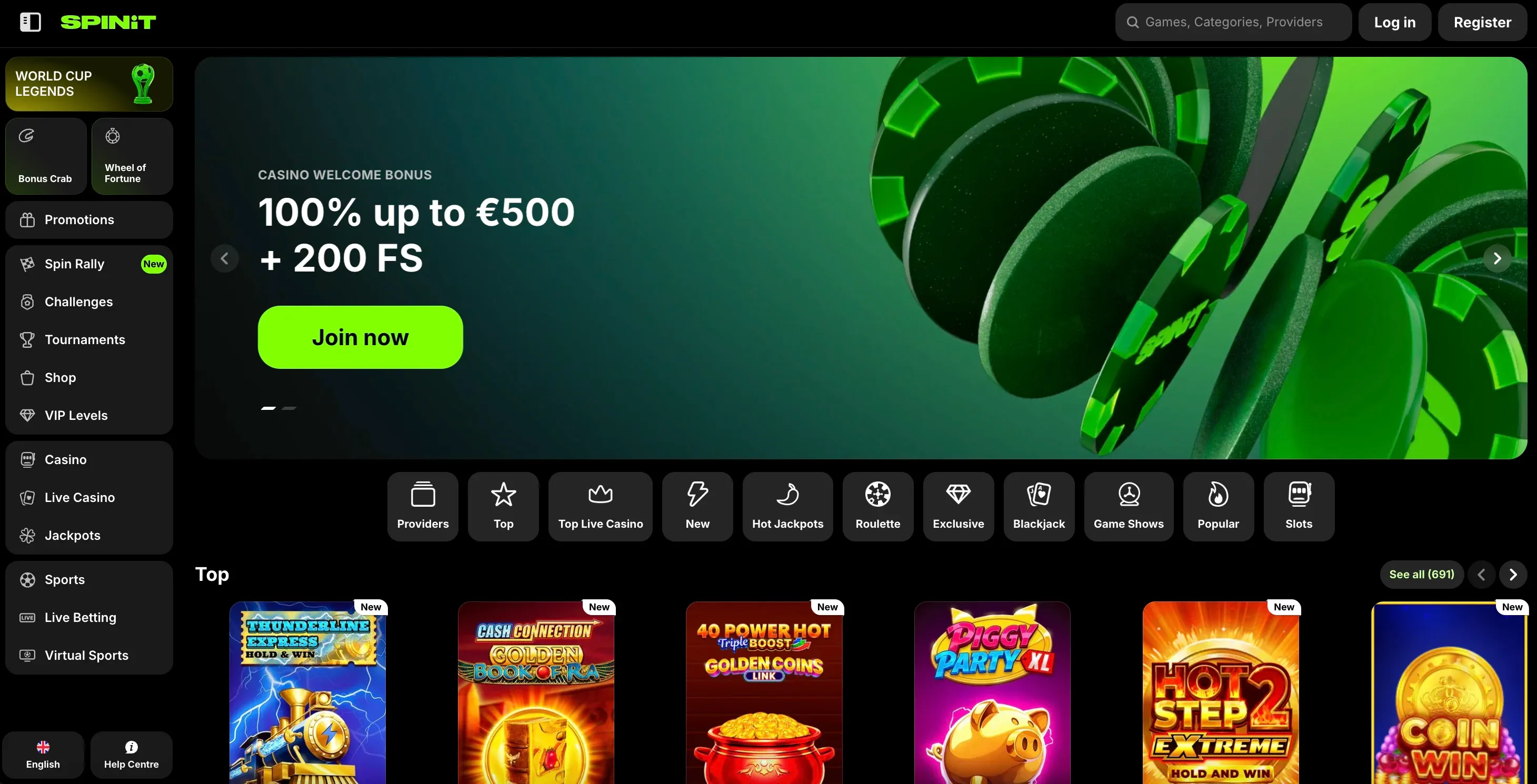 Homepage of Spinit casino